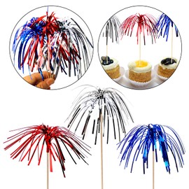 PheiLa 100 Pcs 4th of July Cocktail Picks Firework Party Picks Red Blue Silver Cocktail Sticks Fancy Toothpicks Food Picks Fruit Skewers Cupcake Toppers for Appetizers Drinks BBQ Dessert - 9 Inch Long