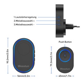Wesstun Wireless Doorbell Set with Long Range, IP67 Outdoor Waterproof Front Door Bell, Doorbell Wireless with 39 Melodies, 5 Volume Levels, Easy Installation at Home, Black
