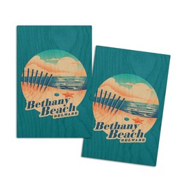 Bethany Beach, Delaware, Glowing Shore, Beach Scene, (4x6 Birch Wood Postcards, 2-Pack Stationary, Rustic Home Wall Decor)