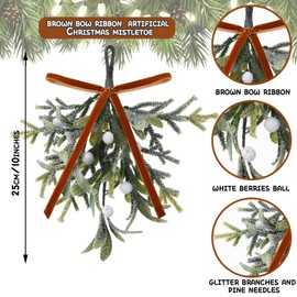 Seenelling Christmas Mistletoe Decor Kissing Artificial Mistletoe Ornament with Velvet Bows Pine Needles Berry 10 inch Christmas Hanging Decoration for Xmas Tree Doorway Party(Brown White)