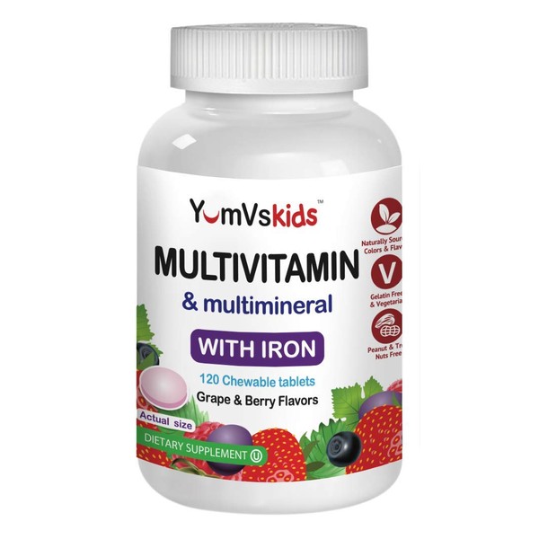Multivitamin & Multimineral with Iron Chewables for Kids by YumVs | Daily Dietary Supplement for Children | Natural Grape and Berry Flavor Chewables-120 Count