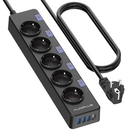 AUOPLUS Steckdosenleiste Einzeln Schaltbar, 5 Fach Mehrfachsteckdose mit 1 USB-C und 3 USB-A, Steckerleiste 1berspannungsschutz (3680W/16A), Verteilersteckdose mit Kindersicherung f1r Zuhause, B1ro, 3M Kabel