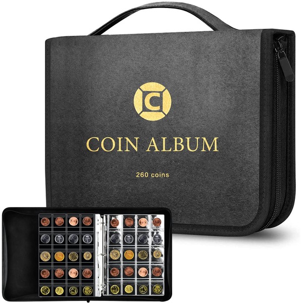 Coin Collection Book Holder for Collectors, 260 Pockets Coins Collecting Album with Zipper and Handle. Coin Display Storage Case for Money Currency Collection Supplies, Bill Commemorative (Box Only)