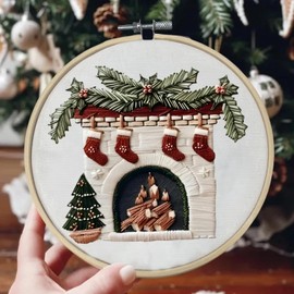 Christmas Embroidery Kit, Christmas Cross Stitch Kits For Adults, DIY Embroidery Kit Christmas, Kits Cross Stitch Kits For Adults Beginners, Embroidery Kit for Christmas Home Decor Christmas Fireplace