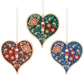 Gisela Graham Nutcracker Wood Wooden Heart 9x8x1cm Hanging Decorations Set of 3