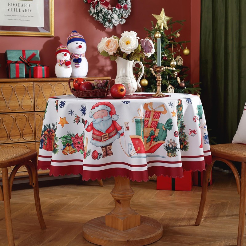 Christmas Round Table Cloths 60in Red Polyester Santa Claus Tablecloth