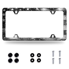 Retro American Flag License Plate Frame Black Grey USA Flag License Plate Frames Funny Auto Accessory Stainless Steel Patriotic License Plate Decoration for Men Women 12.2 X 6.3 Inch