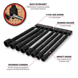 Performance Tool W9064 9 Pc. SAE Magnetic Nut Driver Bit Set, Chrome Vanadium Steel, Black Phosphate Coating, 1/4-in. Drive, includes Storage Rail