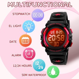 Dayllon Boys Watch Digital Outdoor Sport Waterproof Kids Watches 12/24H Alarm 7 Colorful Stopwatch Military Child Wristwatch for 3-8 Year Old 1266 Small Red