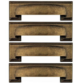 French Furniture Fittings Set of 4 Art Deco Kitchen Cabinet Square Cup Handles 2 Sizes, Cup Handles for Kitchen Cupboard Doors and Drawers, Deep Antique Brass (Distance Between fixings 76 or 96mm)