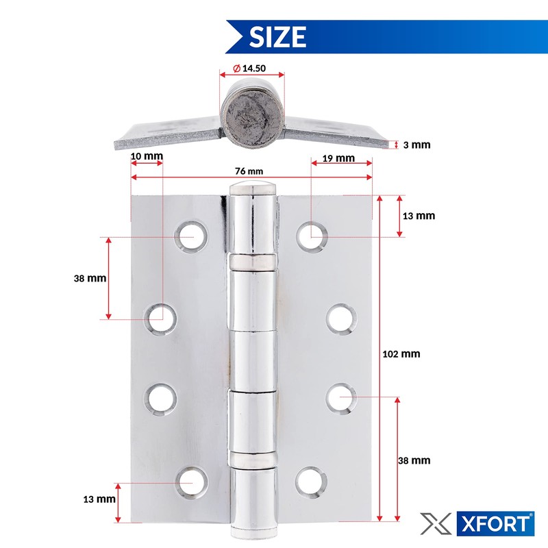 XFORT 4 inch (100mm) Polished Chrome Ball Bearing Hinges, Steel