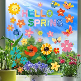 AhfuLife Hello Spring Window Cling, 9 Sheets Larger Flower Window Clings for Glass Windows, Spring Floral Window Cling for Home, Office, School Party Decoration Supplies