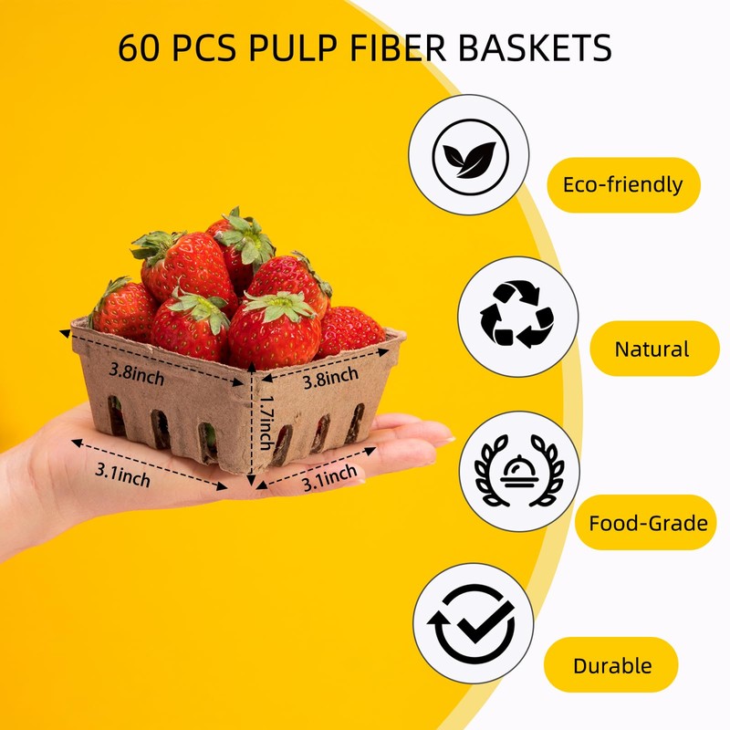 PARBEE 60 Pack Pulp Fiber Berry Basket, Molded Containers Vented