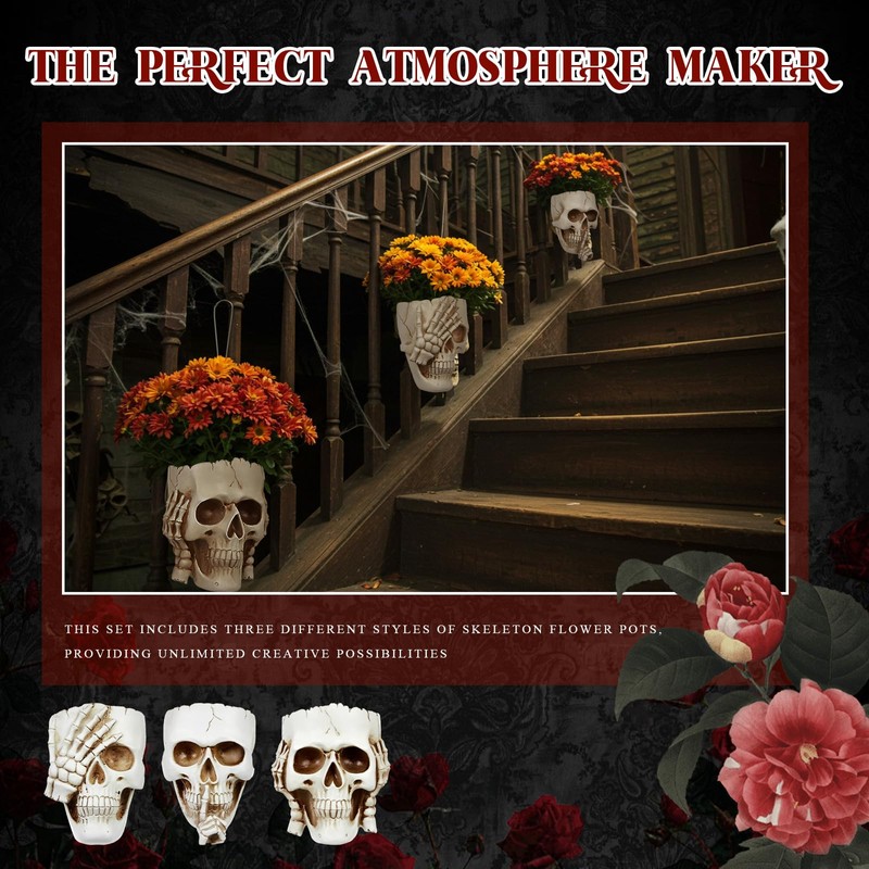 RimCereal 3pcs Halloween Skull Wall Planter Resin Skeleton Gothic Hanging