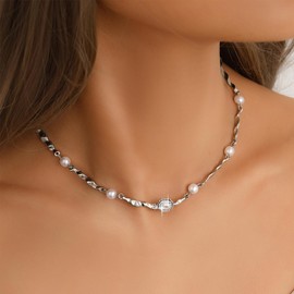 Xmsrn Vintage Crystal Pearl Necklace Boho Pearl Choker Necklace Crystal Dot Choker Necklace Rhinestone Pearl Necklace Silver Spiral Chain Necklace for Women