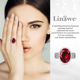 Linawe Silver Birthstone Rings for Women, Garnet Burgundy Red Chunky Adjustable Rings, Vintage Oval Fake Imitation Diamond Crystal Gemstone Cocktail Ring, Oval Cubic Zirconia Ring