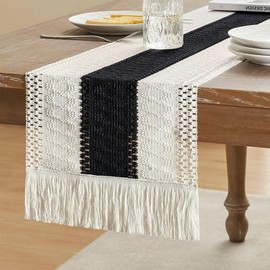 30×240cm Boho Table Runner with Tassels Hand Woven Cotton Macrame Farmhouse Table Runner for Bohemian Kitchen Dining Table (Black, 30*240cm)