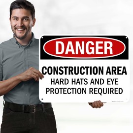 Danger Construction Area Hard Hats And Eye Protection Required OSHA Sign, 18x24 Inches, 55 mil thick HDPS (high density polystyrene), Made in USA by My Sign Center