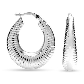 LeCalla Sterling Silver Shrimp Oval Hoop Earrings Medium Oval Chunky Puffy Hoops Earring Jewelry for Women - 32mm