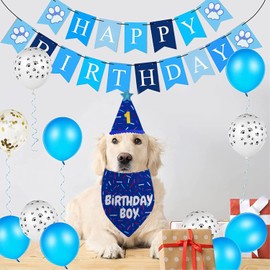 Dog Birthday Bandana Set, Blue Birthday Boy Decorations, HBD Party Supplies with Hat Kerchief Numbers for Pets