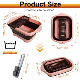 Zimso 2.77 Gallon (10.5L) Collapsible Dish Basin with Drain Plug, Pink Camping Dish Basin for RV, Space-Saving Foldable Washing Bin, BPA-Free Portable Sink for Vegetables and Dishes - with Brush