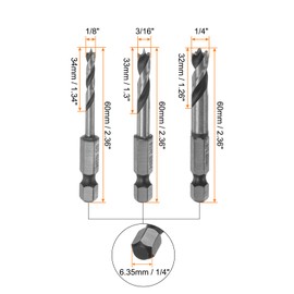 HARFINGTON 7pcs Brad Point Drill Bits 1/4"-1/8" Dia 1/4" Hex Shank Stubby Drill Bit High-Speed Steel 1.26"-1.34" Working Length Spiral Twist Drilling Tool for Woodworking Plywood Plastic