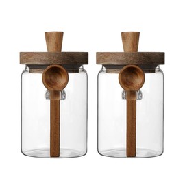 ANSQU Set of 2 Glass Food Storage Jars with Bamboo Wood Lid and Spoon, 27oz Glass Kitchen Canisters for Coffee, Tea, Cereal, Spice and Canning, Mason Jars (27oz-2pack)