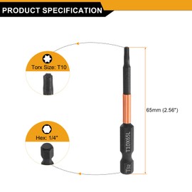 QUARKZMAN 5 Stück T10 Torx-Schraubendreher-Bit 2,56" (65mm) lang 1/4" Sechskantschaft Magnetisch Ohne Loch Manipulationssicher 6-Punkt-Stern Phosphatbeschichteter S2-Stahl