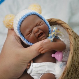 Crying Baby Reborn Baby Doll Black,7" Silicone Doll Mini Realistic Newborn Baby Dolls Silicone Full Body Stress Relief with Feeding Accessories Gift Box-Boy