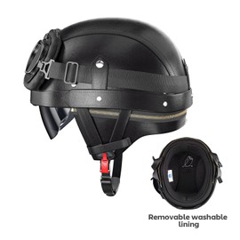 German Style Motorcycle Helmet - DOT Approved Vintage Leather Novelty Half Helmets for Motorcycle with Goggles/Visor, Removable Lining/Earmuffs, for Cruiser Scooter Chopper Moped, for Adults Men Women