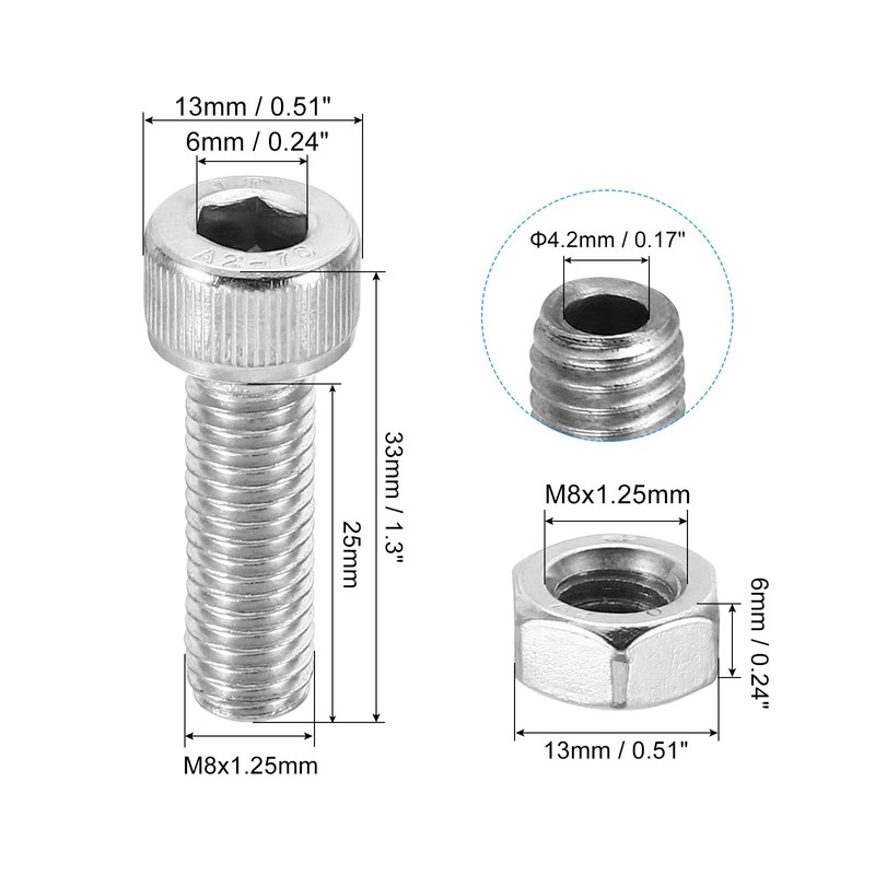 PATIKIL M8x25mm 304 Stainless Steel Hollow Bolt, 3 Set Cylindrical