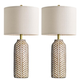 BOBOMOMO 26" Farmhouse Table Lamps Set of 2 - Vintage Leaf Design, Rustic Resin Nightstand Lamps for Bedroom, Living Room, Nursery, Hallway, Elegant Living Room Lamps with Linen Shades Antique Brown