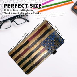 AIRWEE Slim Checkbook Cover for Women, RFID Blocking PU Leather Checkbook Wallet with Card Slots Pen Holder, Bifold Durable Checkbook Register and Cover for Purse, America Red Flag