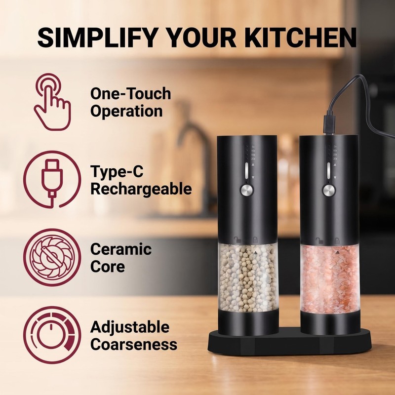 Tyzine 2Pack Electric Salt & Pepper Grinder Set One-Touch Operation