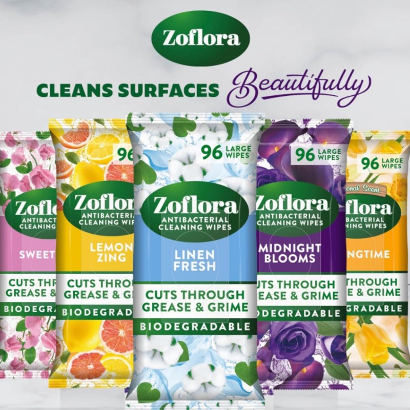 Zoflora Linen Fresh Antibacterial Biodegradable Wipes, 1 x 96 Wipes,