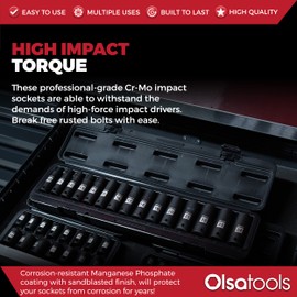 Olsa Tools 1/2" Drive Cr-Mo Deep Impact Socket Set | Professional-Grade CrMo | 6-Point Metric | 15pc 10mm to 24mm | High Contrast Size Markings | Chromium Molybdenum | Premium Storage Case