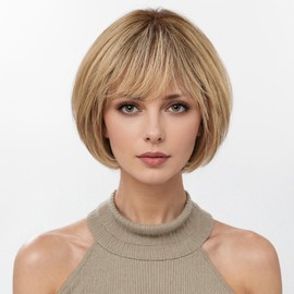 KKU 10 Inch Ombre Ash Blonde Human Hair Wig with Bangs,Human Hair Wigs for Women,Daily Use
