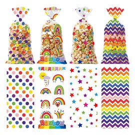 Weforu 100Pcs Cellophane Treat Bags 4 Patterns Plastic Candy Cookie Bags with Twist Ties for Christmas Birthday Wedding Party Favor Bags Goodie Bags(27 * 12.5cm)