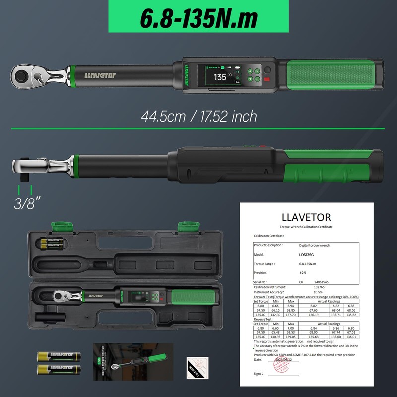 LLAVETOR Digital Torque Wrench, 3/8 Torque Wrench, 5-99.5 Ft-lbs/6.8-135N.m, ±2％
