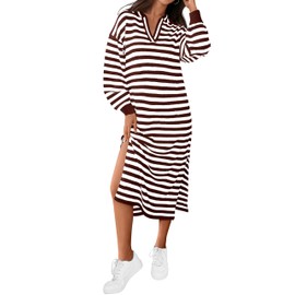 MASCOMODA Womens Fall Dresses 2024 Striped Sweater Dress Casual Long Sleeve V Neck Collared Loose Side Slit Knit Midi Dress(Coffee,Medium)