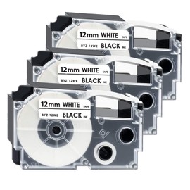 Anjonova 3 x Compatible Casio XR-12WE1 XR-12WE Label Tape 12 mm x 8 m, Cassette Compatible with Casio EZ Label Printer KL-60 KL-70 KL-100 KL-120 KL-130 KL-200 KL-300 KL-G2 KL-750 KL-820, Black on