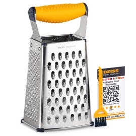 Deiss PRO Box Grater & Cheese Graters for Kitchen - Stainless Steel Cheese Grater and Food Shredder, 4 Sided Hand Grater for Block Cheese, Vegetables, Non-Slip Base, Dishwasher Safe