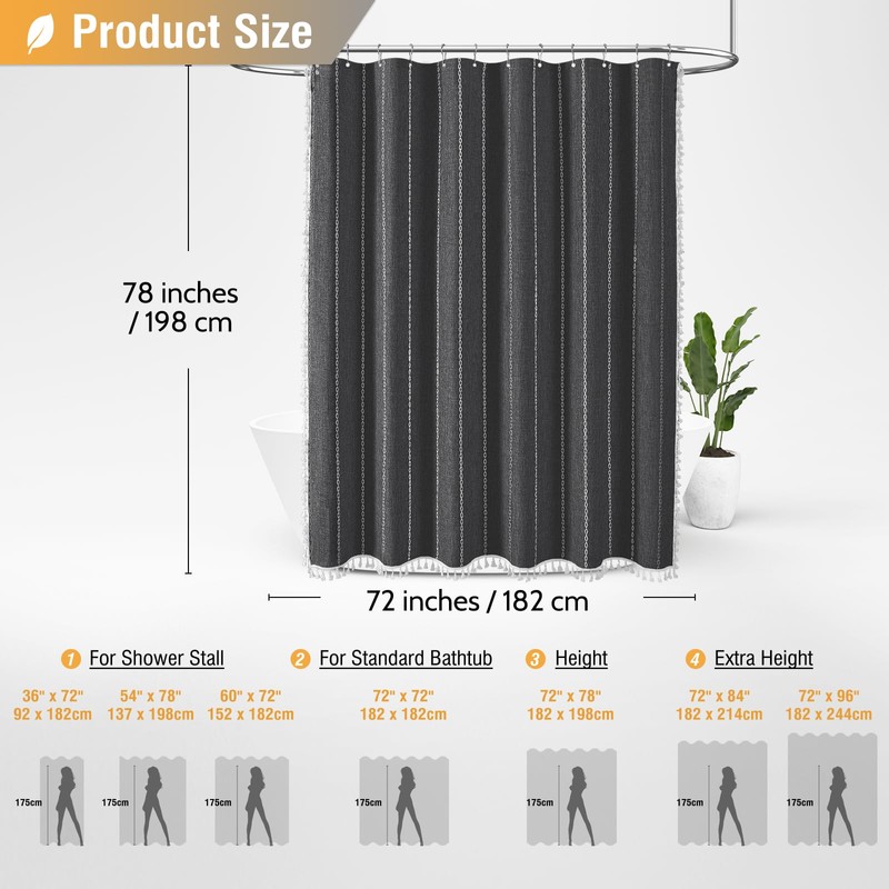 BTTN 78 Inch Long Shower Curtain - Boho Farmhouse Linen