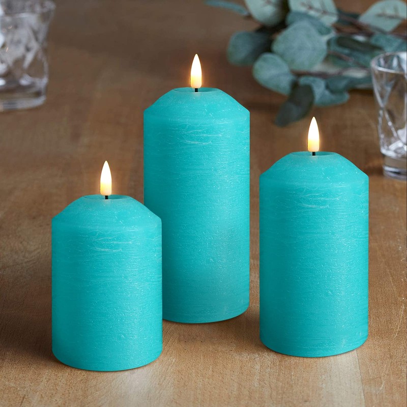 Eywamage Turquoise Blue Flameless Pillar Candles with Remote, Flickering LED