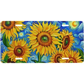 UEQIKI Front License Plate Sunflower Art Vanity Plates Aluminum Metal Decorative Car Tag Novelty License Plate Cover for Men Women ‎6 * 12 in (4 Holes)