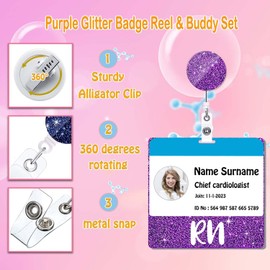 ANDGING RN Badge Buddy and Badge Reel Set Horizontal PCT Badge Card Holder Purple Acrylic Glitter Badge Buddies Nursing Gifts Bling Nurse Badge Cards Badge Reels Retractable Medical ID Card Tags L58W