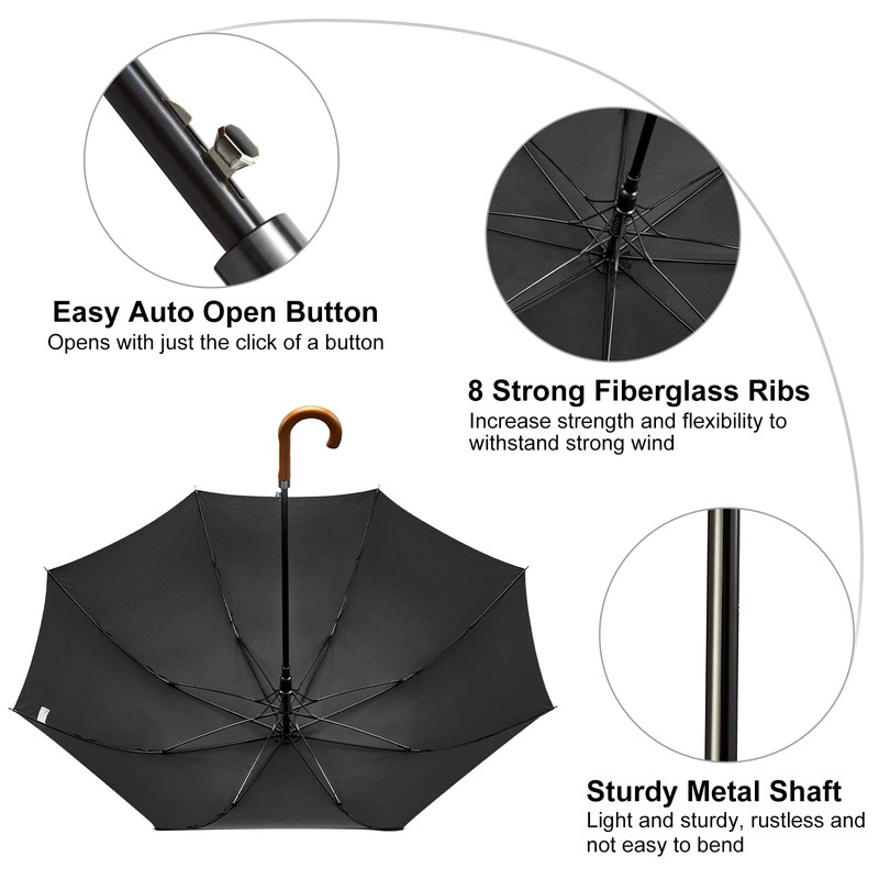 G4Free Wooden J Handle Umbrella 54 Inch Large Auto Open
