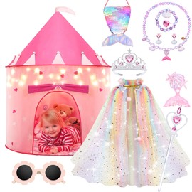 LXDHSRTA 13 Pcs Princess Castle Play Tent with LED Star Lights - Princess Dress-Up Set with Crown for Little Girls - Princess Toy Tent - Indoor and Outdoor Girls Castle Playhouse Tent - Rainbow