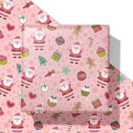 SaringSwoon Pink Christmas Santa Wrapping Paper - Xmas Gift Wrap with Santa Claus, Christmas Tree, Snowmen, Candy Canes, and Treats Design for Kids Adults - 40×28 Inches, 4 Folded Sheets