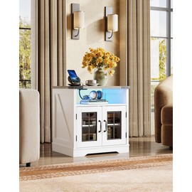 WLIVE Farmhouse End Table, Living Room Table with Charging Station, LED Farmhouse Nightstand with Adjustable Storage Shelf for Living Room, Bedroom, Office, Rustic Side Tables, Greige